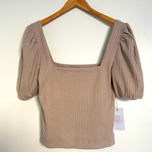 Taupe Ribbed Puff-Sleeved Crop Top